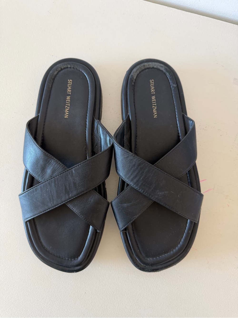 Stuart Weitzman Black Crisscross Leather Slide Platform Sandals 7.5 38